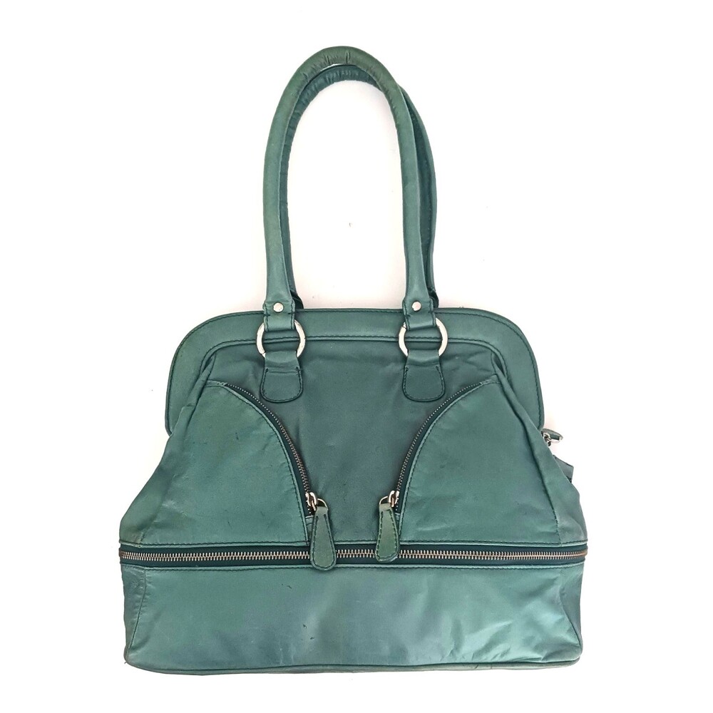 Manfield Green Glove Leather Top Handle Shoulder Tote Expandable Silver Zippers